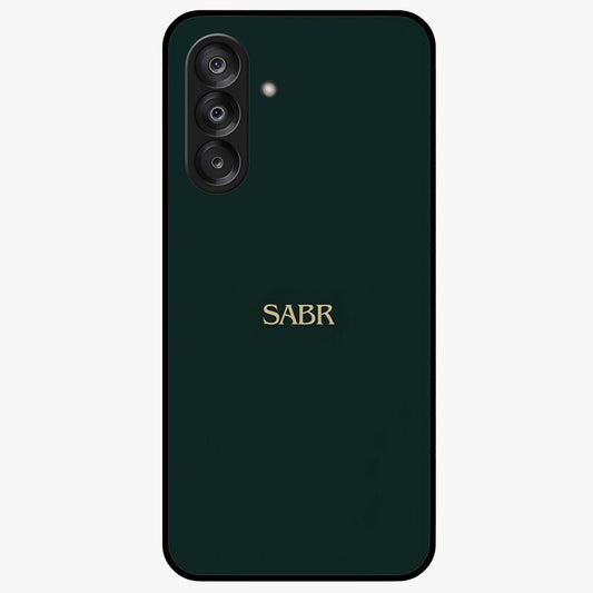 Sabr Minimal Patience Glass Case showing flat back view with minimalist typography artwork and glossy glass finish.