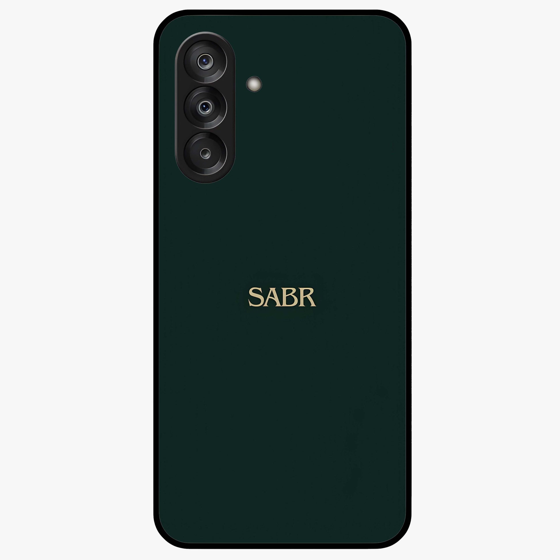 Sabr Minimal Patience Glass Case showing flat back view with minimalist typography artwork and glossy glass finish.