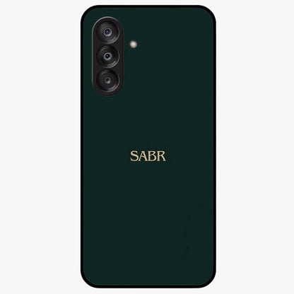 Sabr Minimal Patience Glass Case showing flat back view with minimalist typography artwork and glossy glass finish.