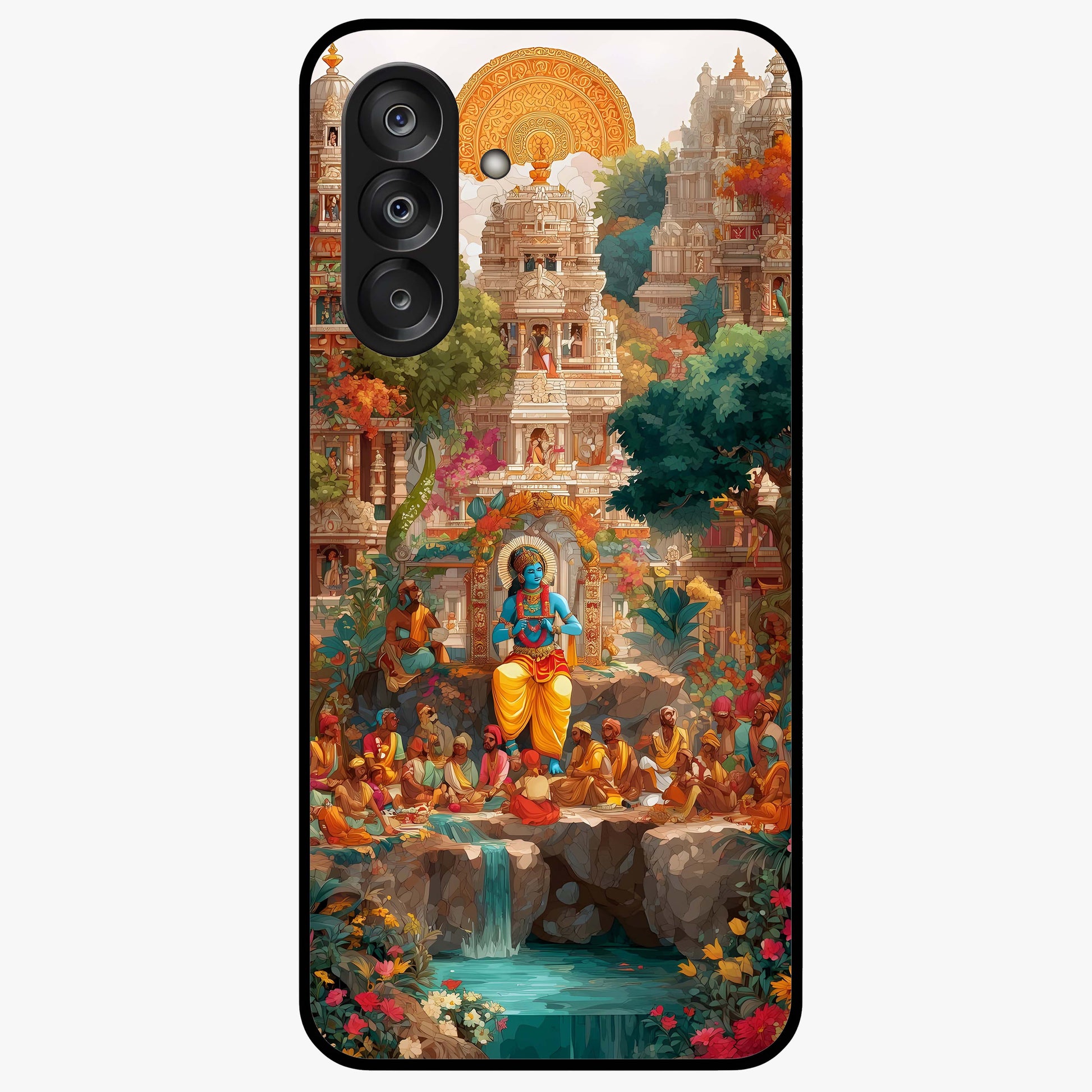 Sacred Sunlight Gods Glass Case showing flat back view with divine sunlight themed artwork and glossy glass finish.