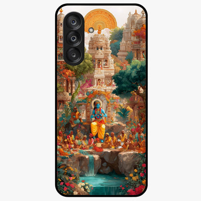 Sacred Sunlight Gods Glass Case showing flat back view with divine sunlight themed artwork and glossy glass finish.