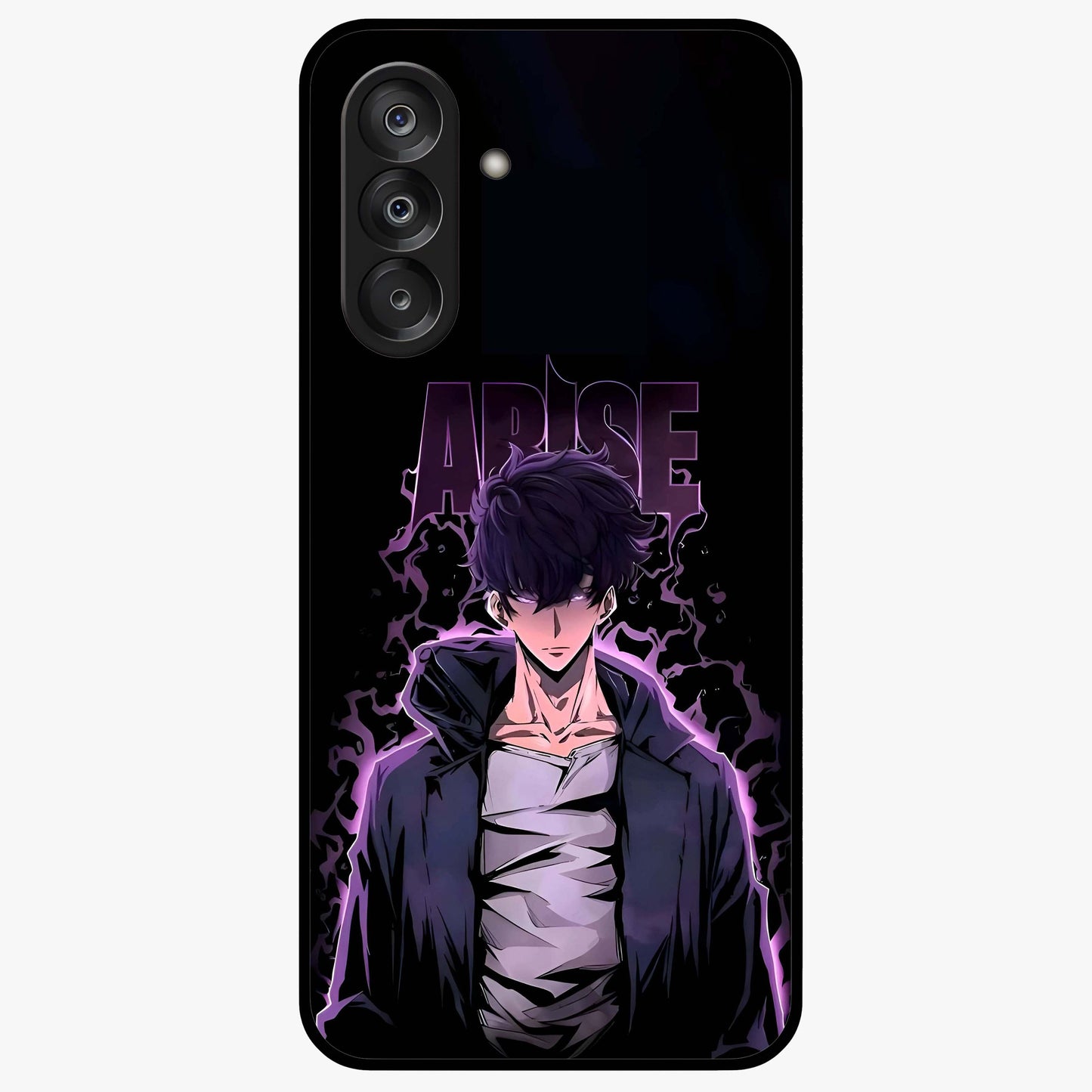 Shadow Monarch Awakening Glass Case showing flat back view with powerful dark monarch themed artwork and glossy glass finish.