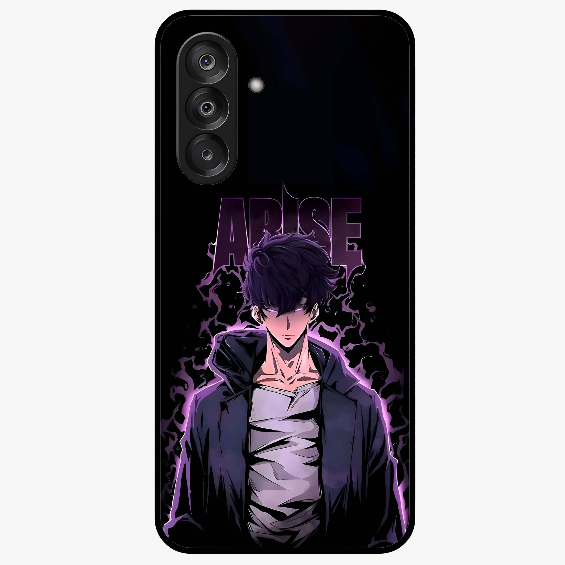 Shadow Monarch Awakening Glass Case showing flat back view with powerful dark monarch themed artwork and glossy glass finish.