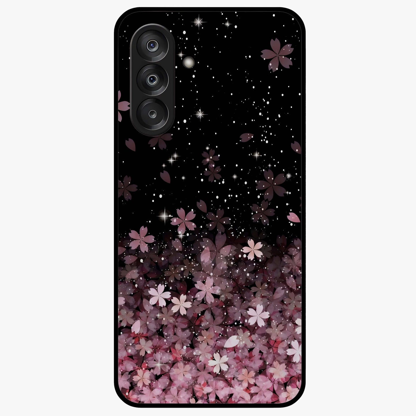 Small Starry Flowers Glass Case showing flat back view with delicate starry floral artwork and glossy glass finish.