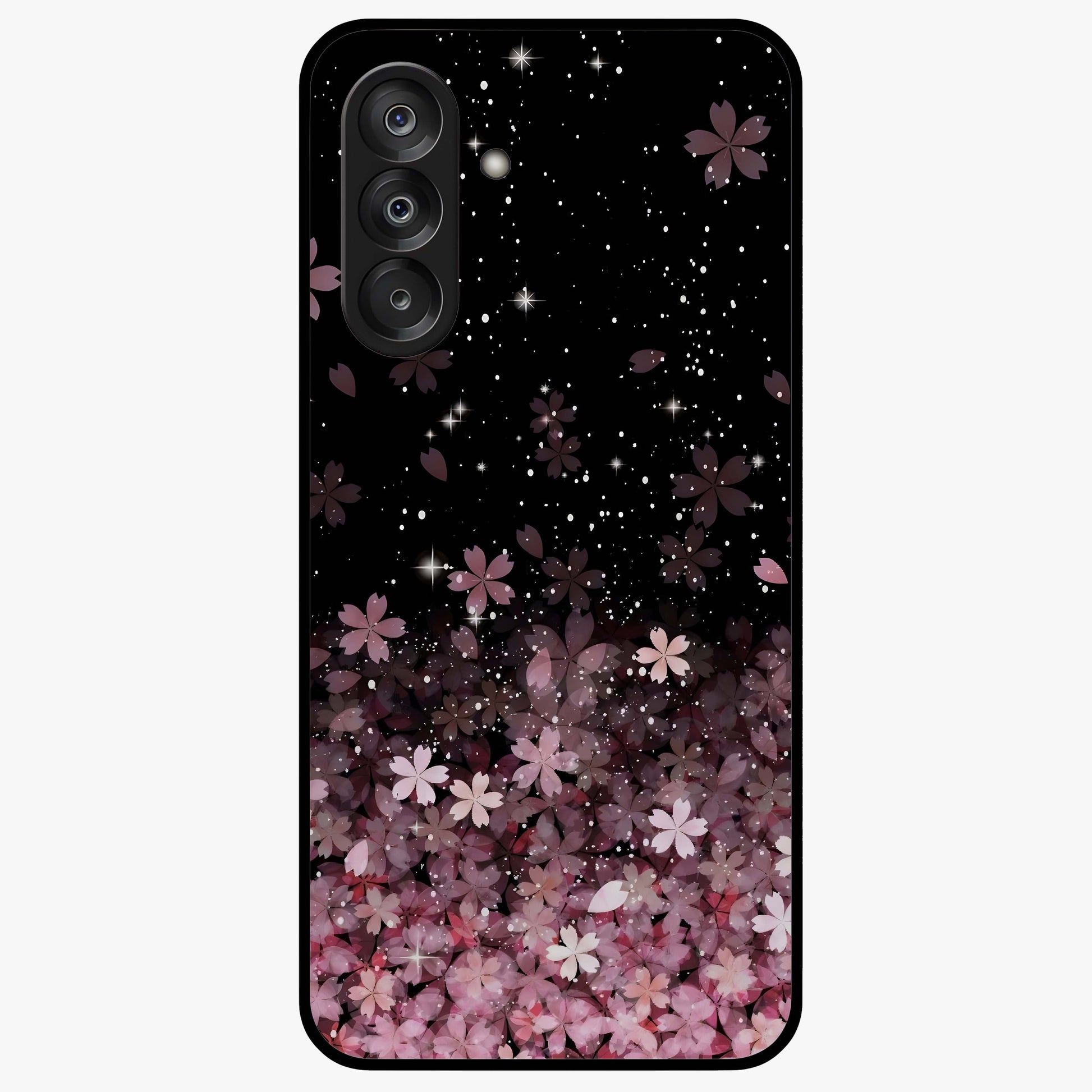 Small Starry Flowers Glass Case showing flat back view with delicate starry floral artwork and glossy glass finish.