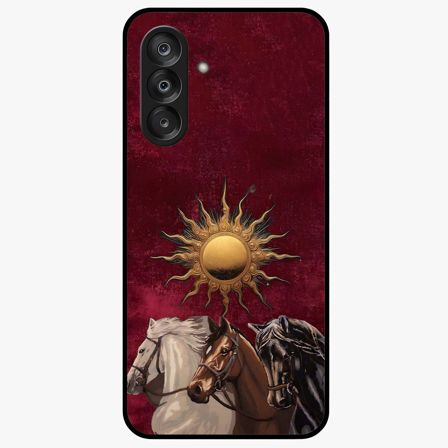 Solar Riders Glass Case showing flat back view with dynamic rider themed artwork and glossy glass finish.