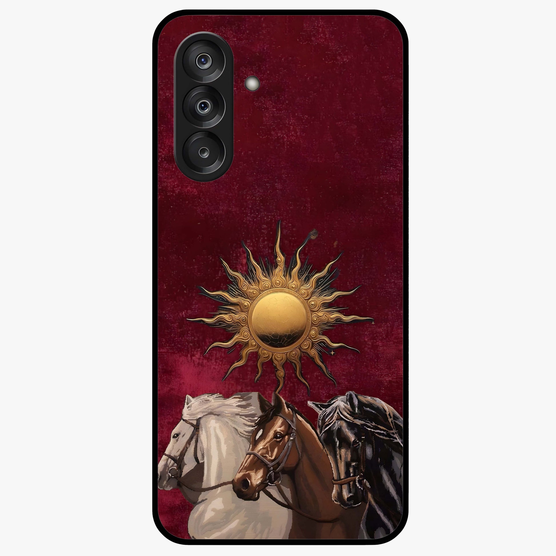 Solar Riders Glass Case showing flat back view with dynamic rider themed artwork and glossy glass finish.