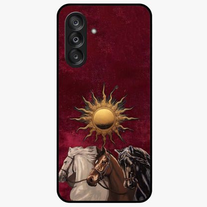 Solar Riders Glass Case showing flat back view with dynamic rider themed artwork and glossy glass finish.