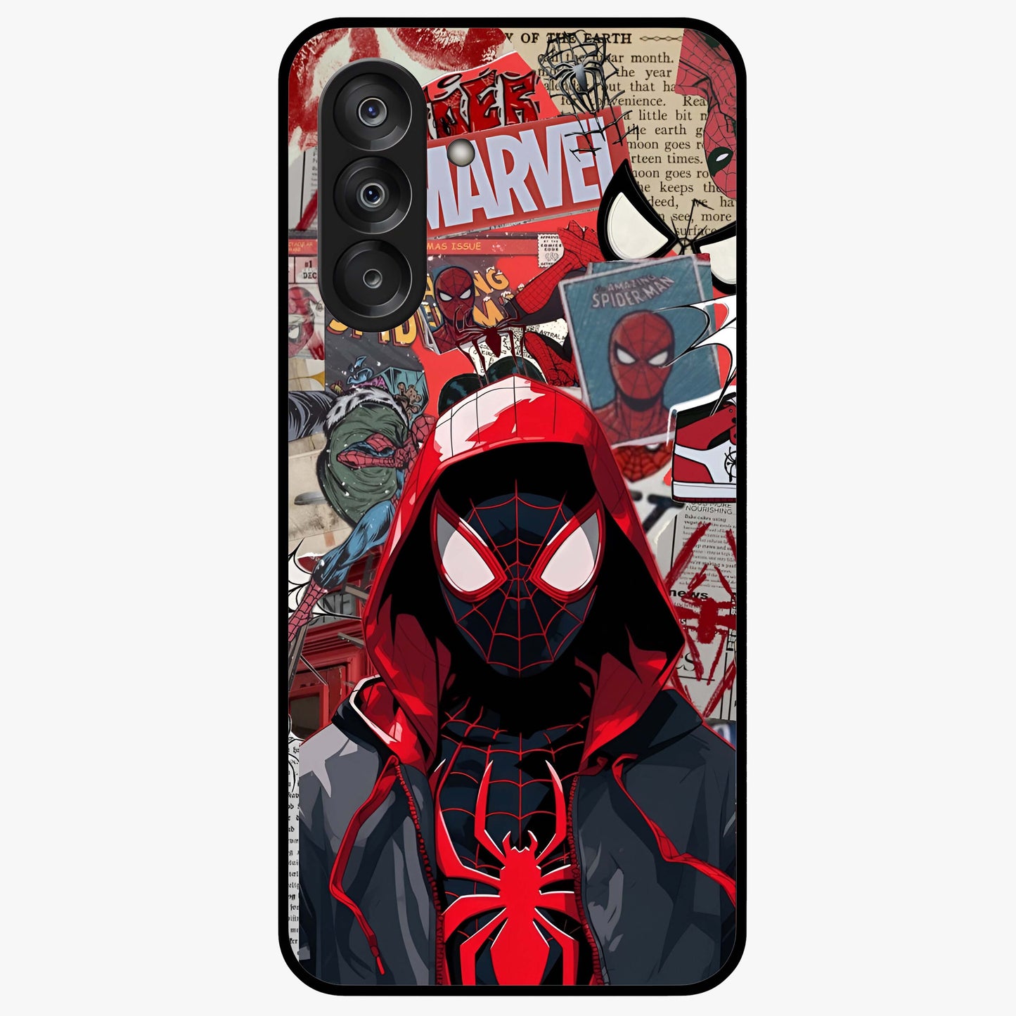 Spider Collage Street Glass Case showing flat back view with vibrant superhero collage artwork and glossy glass finish.