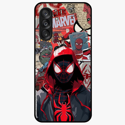 Spider Collage Street Glass Case showing flat back view with vibrant superhero collage artwork and glossy glass finish.