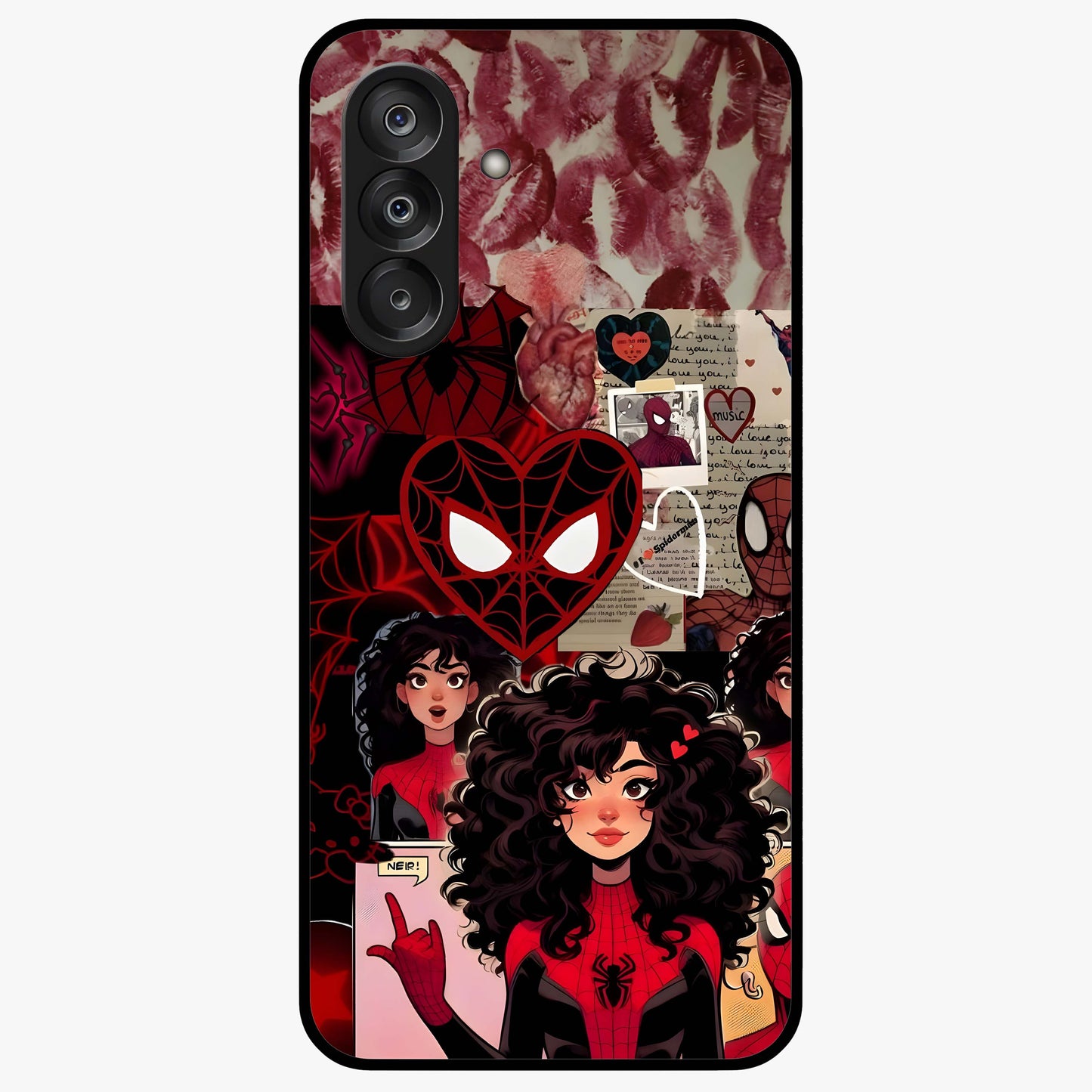 Spider Love Story Glass Case showing flat back view with romantic superhero themed artwork and glossy glass finish.
