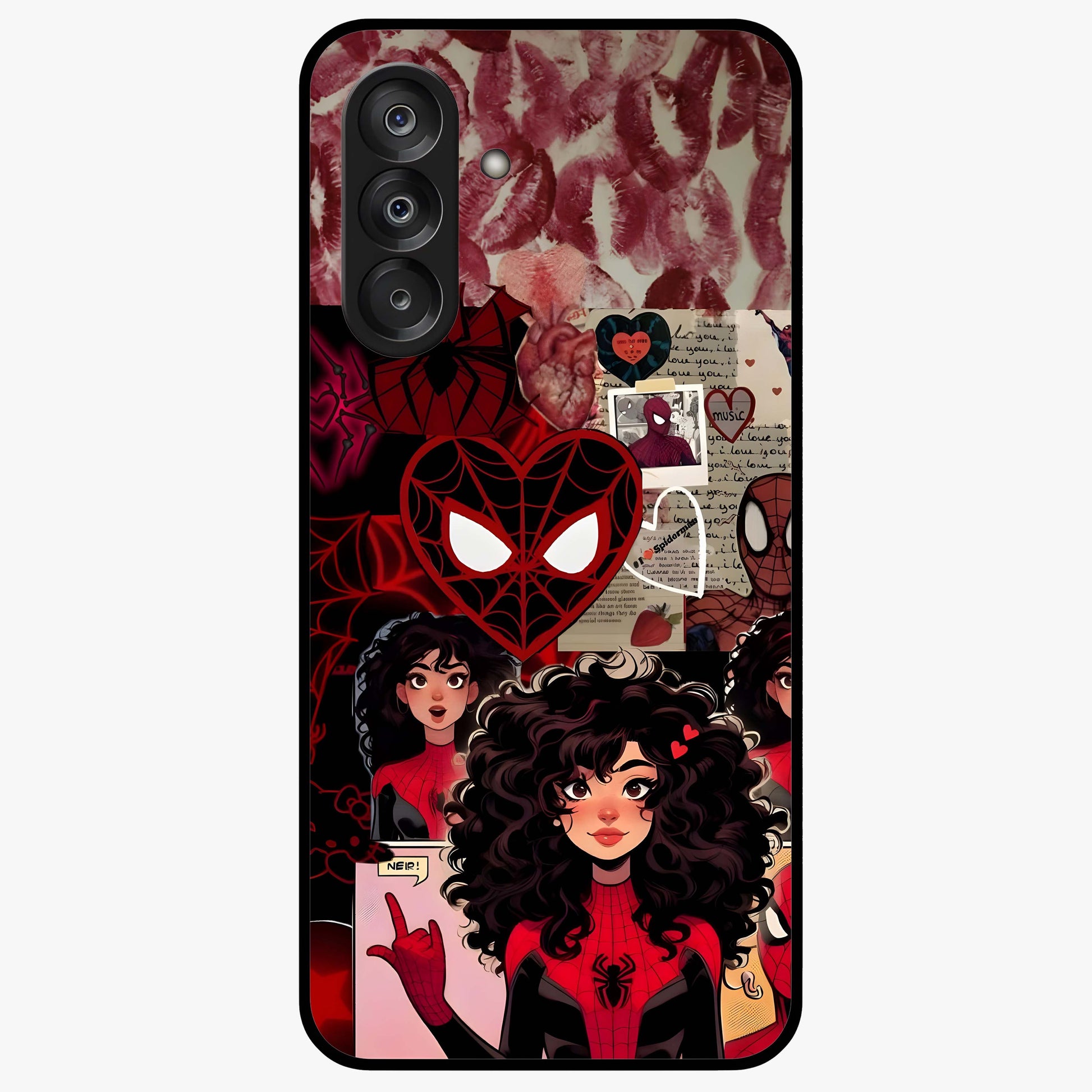 Spider Love Story Glass Case showing flat back view with romantic superhero themed artwork and glossy glass finish.