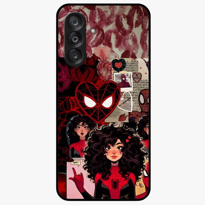 Spider Love Story Glass Case showing flat back view with romantic superhero themed artwork and glossy glass finish.