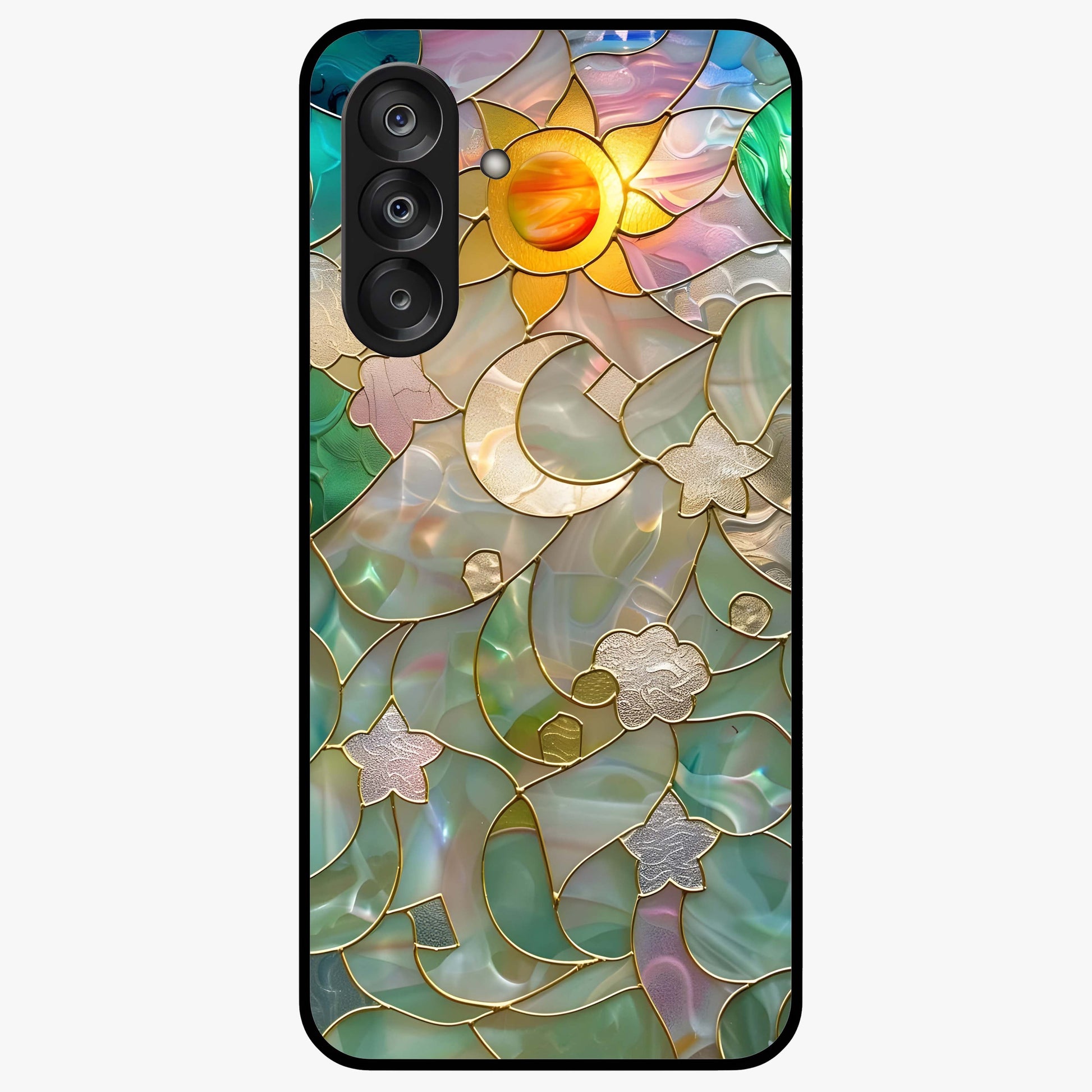 Stained Sunrise Glow Glass Case showing flat back view with glowing sunrise stained pattern artwork and glossy glass finish.