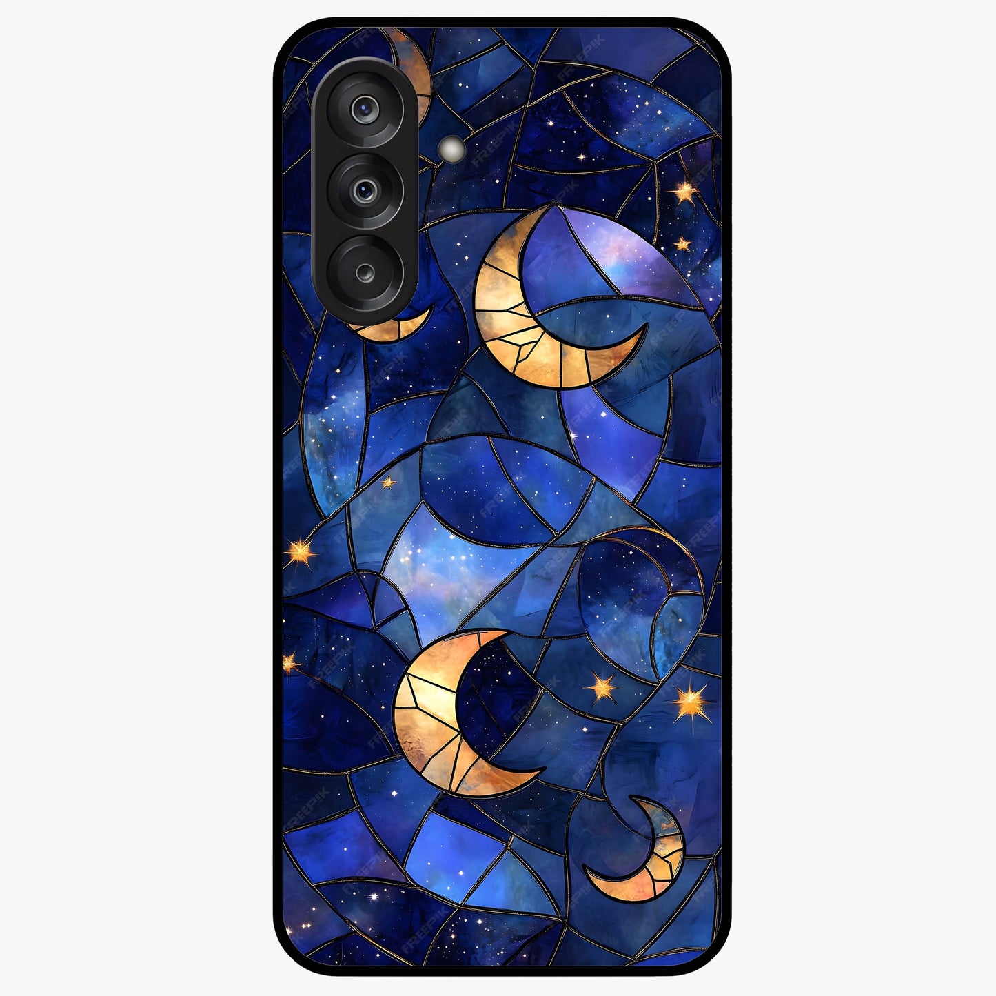 Starlit Sky Tapestry Glass Case showing flat back view with decorative starry sky tapestry artwork and glossy glass finish.