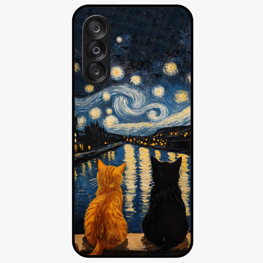 Starry River Cats Glass Case showing flat back view with cats by a starry river artwork and glossy glass finish.