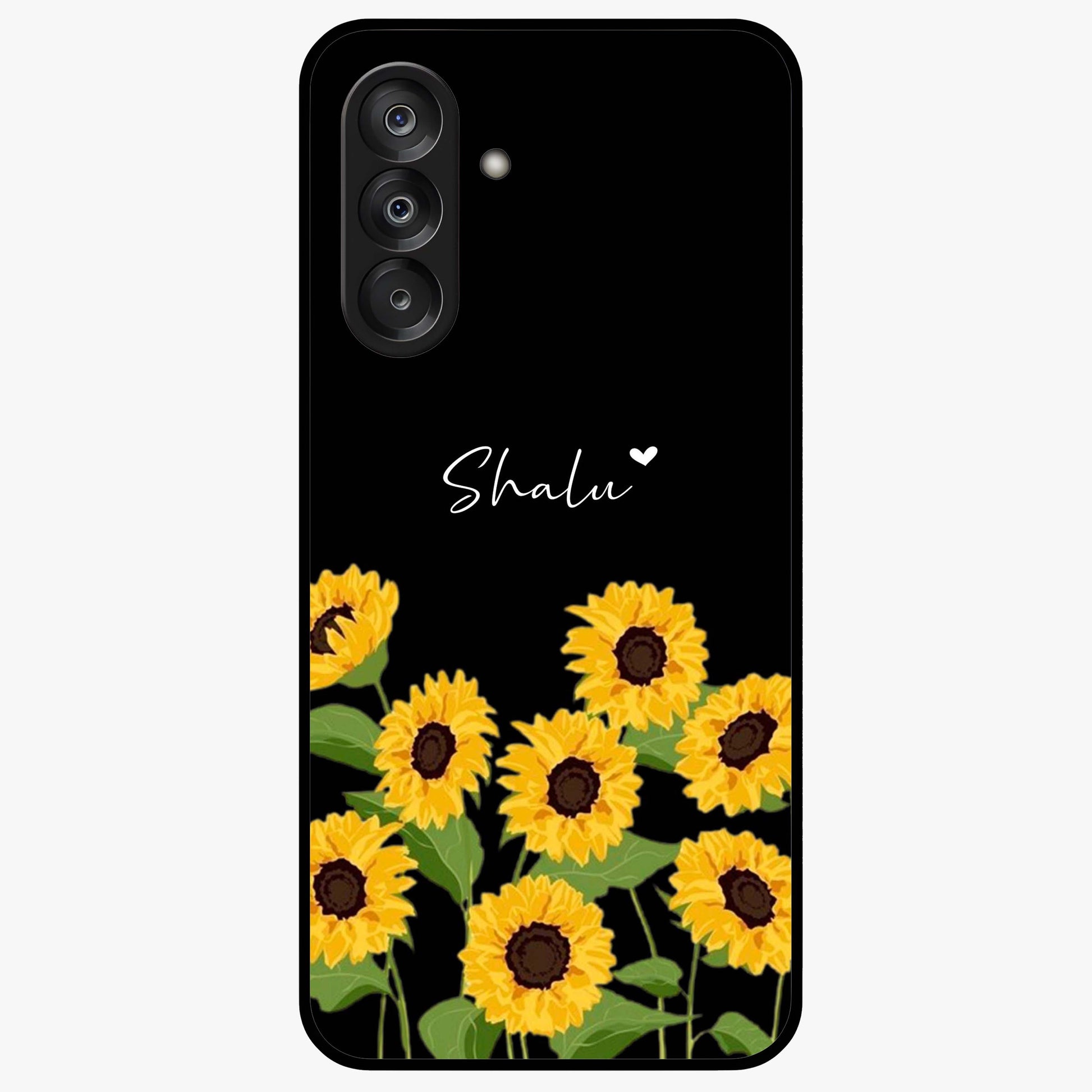 Sunflower Chic Mood Custom Name Glass Case showing flat back view with stylish sunflower artwork and personalized name design.