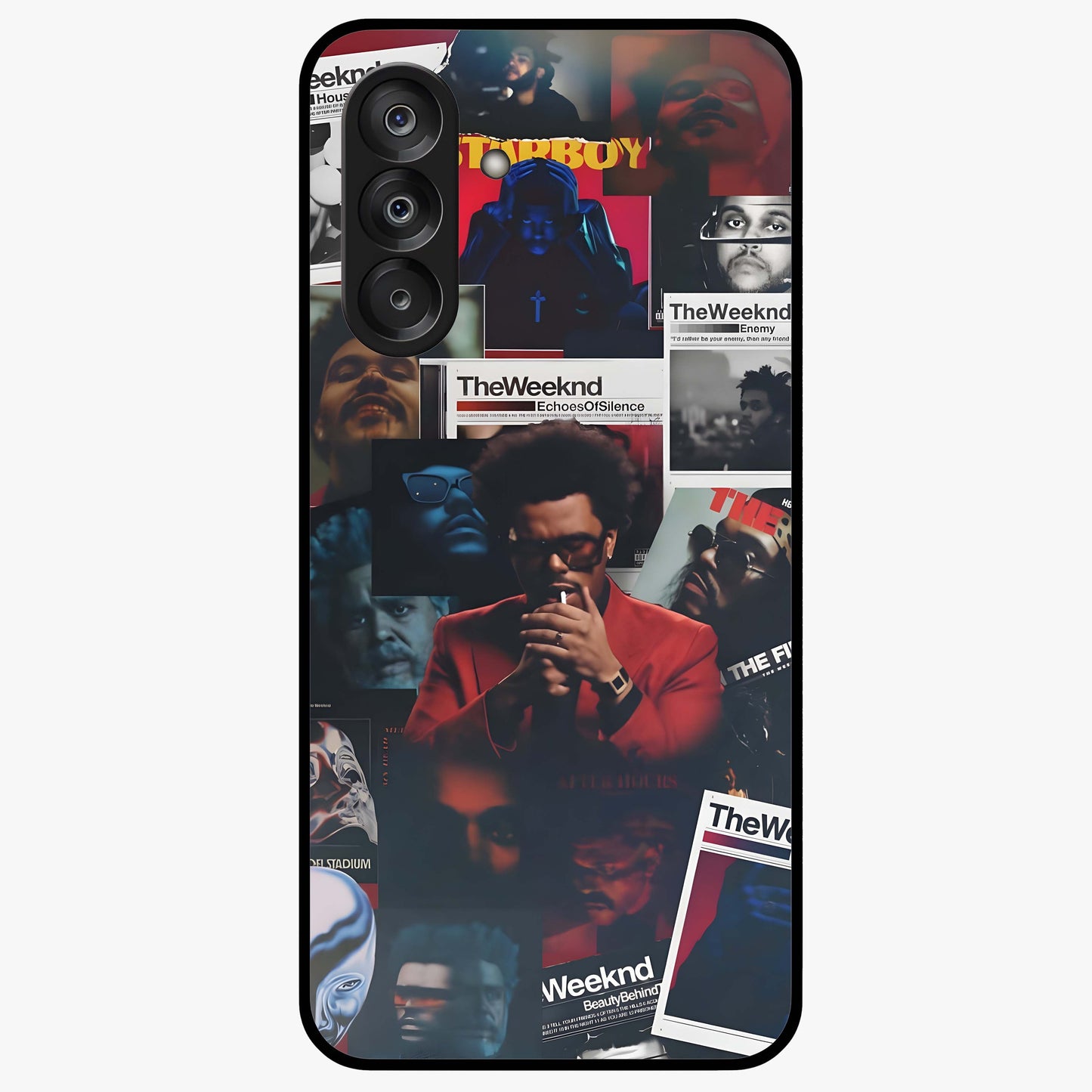 The Weeknd Glass Case showing flat back view with music inspired artistic portrait artwork and glossy glass finish.