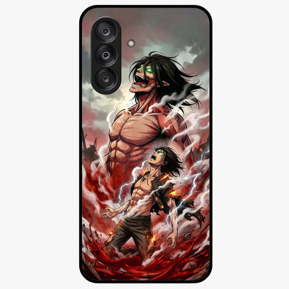 Titan Awakening Fury Glass Case showing flat back view with powerful titan inspired artwork and glossy glass finish.