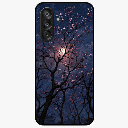 Twilight Sakura Serenade Glass Case showing flat back view with cherry blossom artwork at twilight and glossy glass finish.