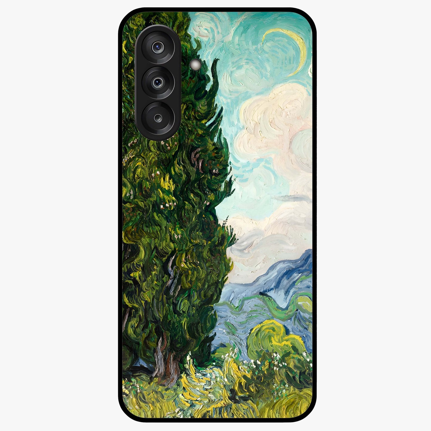 Van Gogh Vintage Art Glass Case showing flat back view with vintage painterly artwork inspired by Van Gogh style and glossy glass finish.