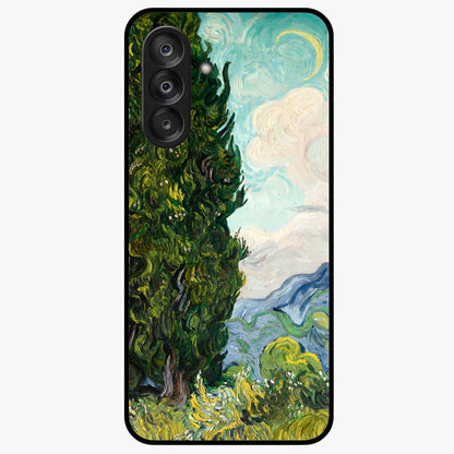 Van Gogh Vintage Art Glass Case showing flat back view with vintage painterly artwork inspired by Van Gogh style and glossy glass finish.