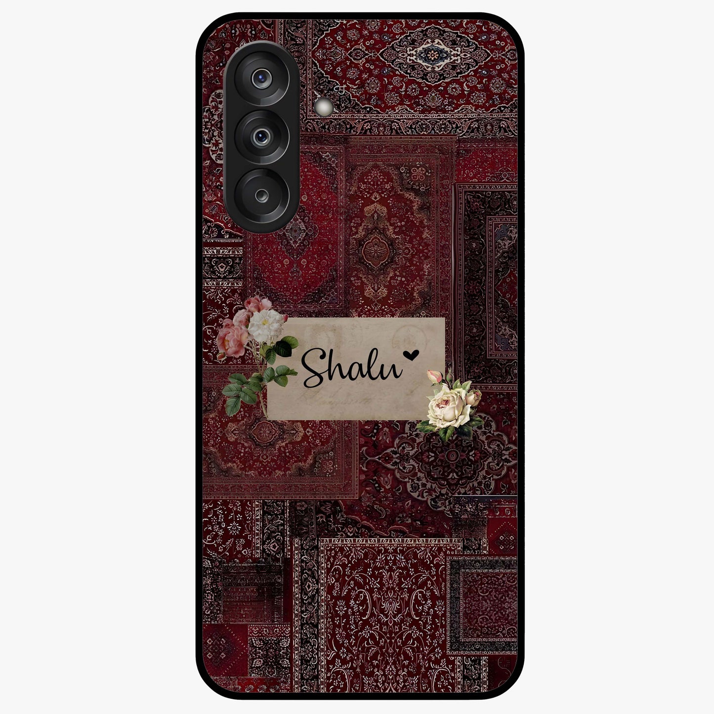 Velvet Wine Pattern Custom Name Glass Case showing flat back view with elegant wine colored pattern artwork and personalized name design.