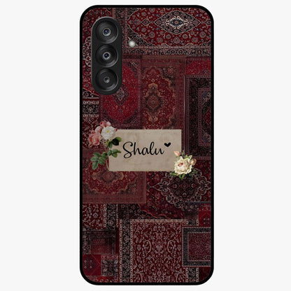 Velvet Wine Pattern Custom Name Glass Case showing flat back view with elegant wine colored pattern artwork and personalized name design.