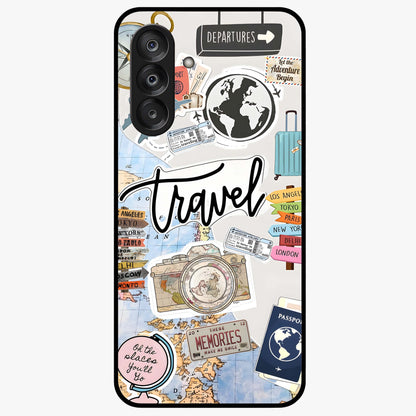 Wanderlust Journal Glass Case showing flat back view with travel inspired artwork and glossy glass finish.