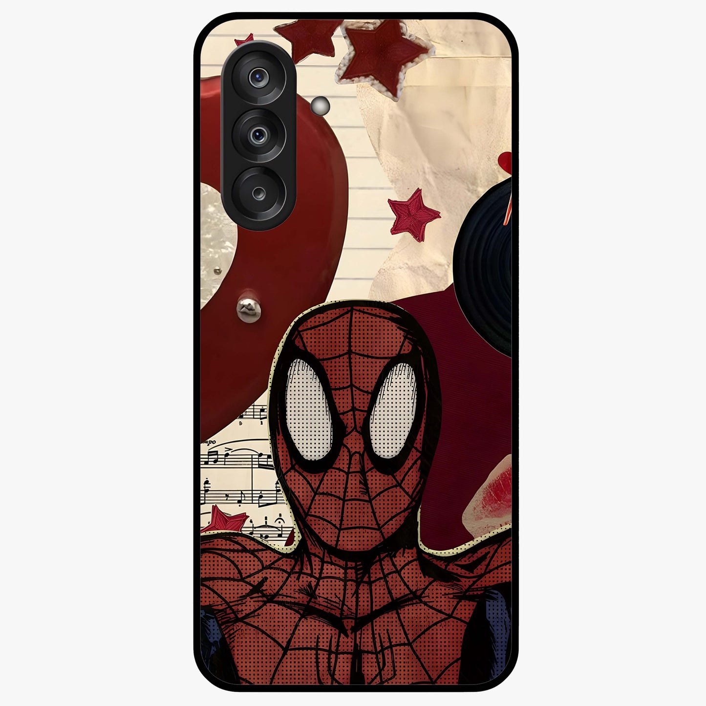 Web Warrior Vibes Glass Case showing flat back view with superhero inspired web themed artwork and glossy glass finish.