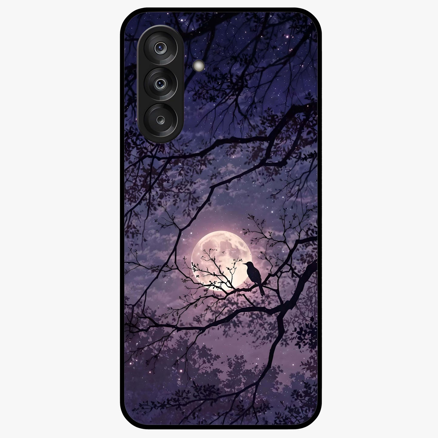 Whispering Moon Silence Glass Case showing flat back view with serene moon themed artwork and glossy glass finish.