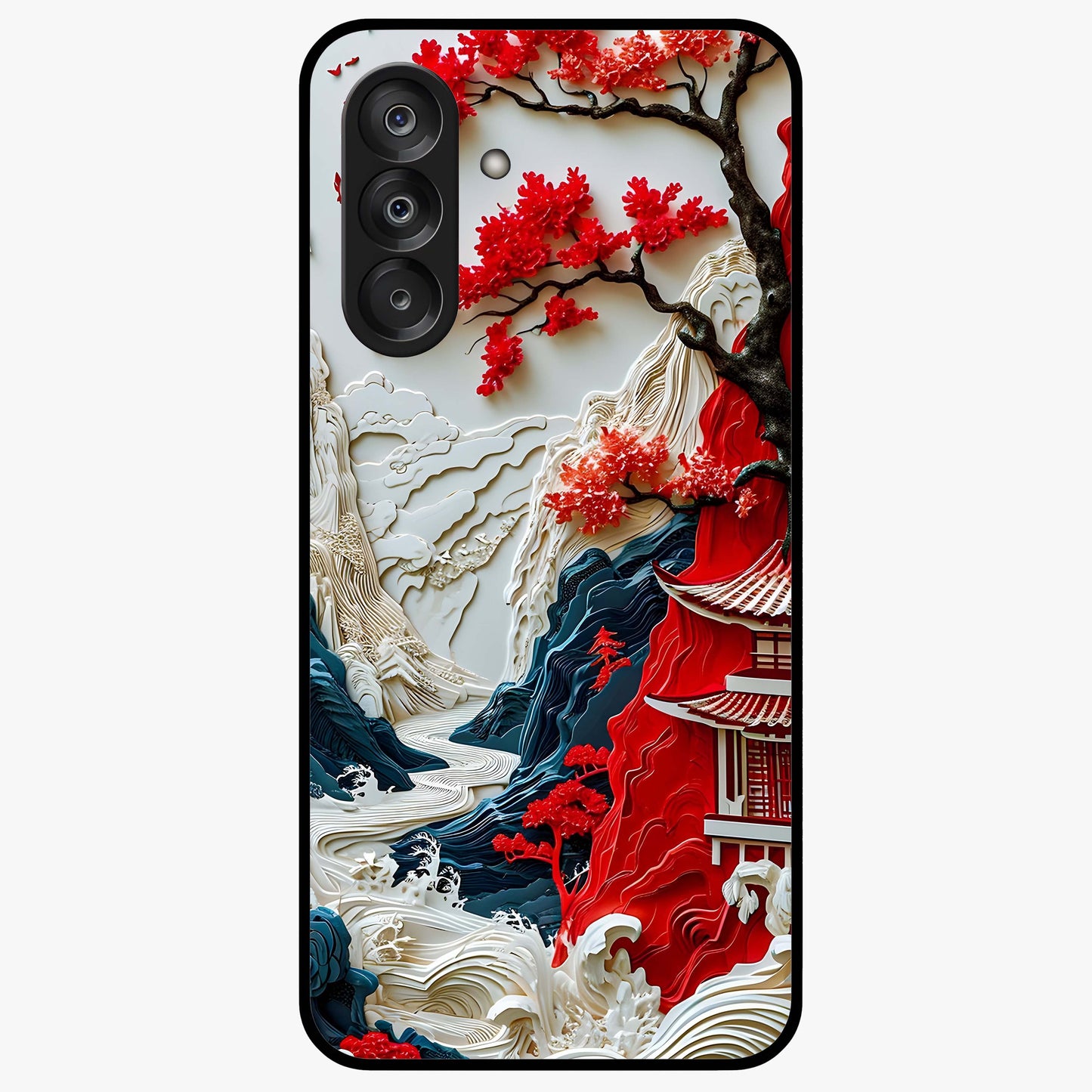Whispers Of Sakura Waves Glass Case showing flat back view with cherry blossom wave artwork and glossy glass finish.