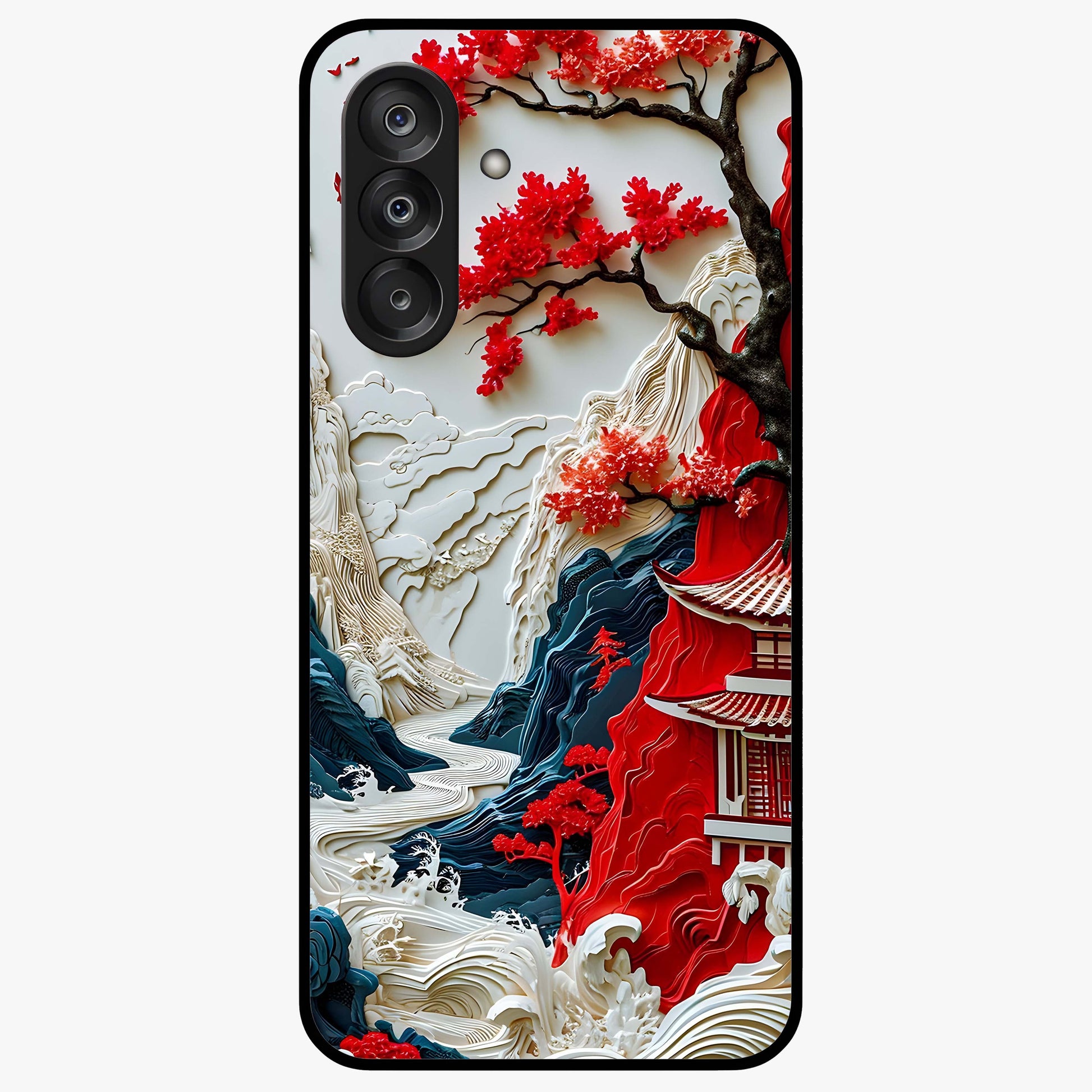 Whispers Of Sakura Waves Glass Case showing flat back view with cherry blossom wave artwork and glossy glass finish.