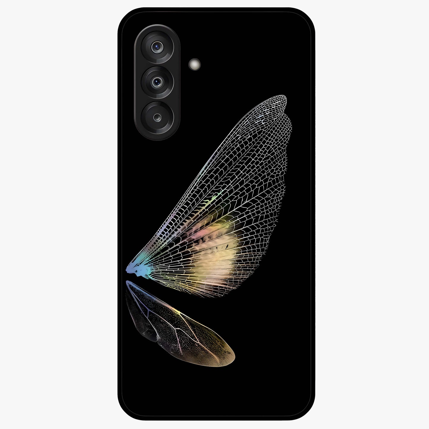 Whispers Of Wings Glass Case showing flat back view with graceful wing inspired artwork and glossy glass finish.