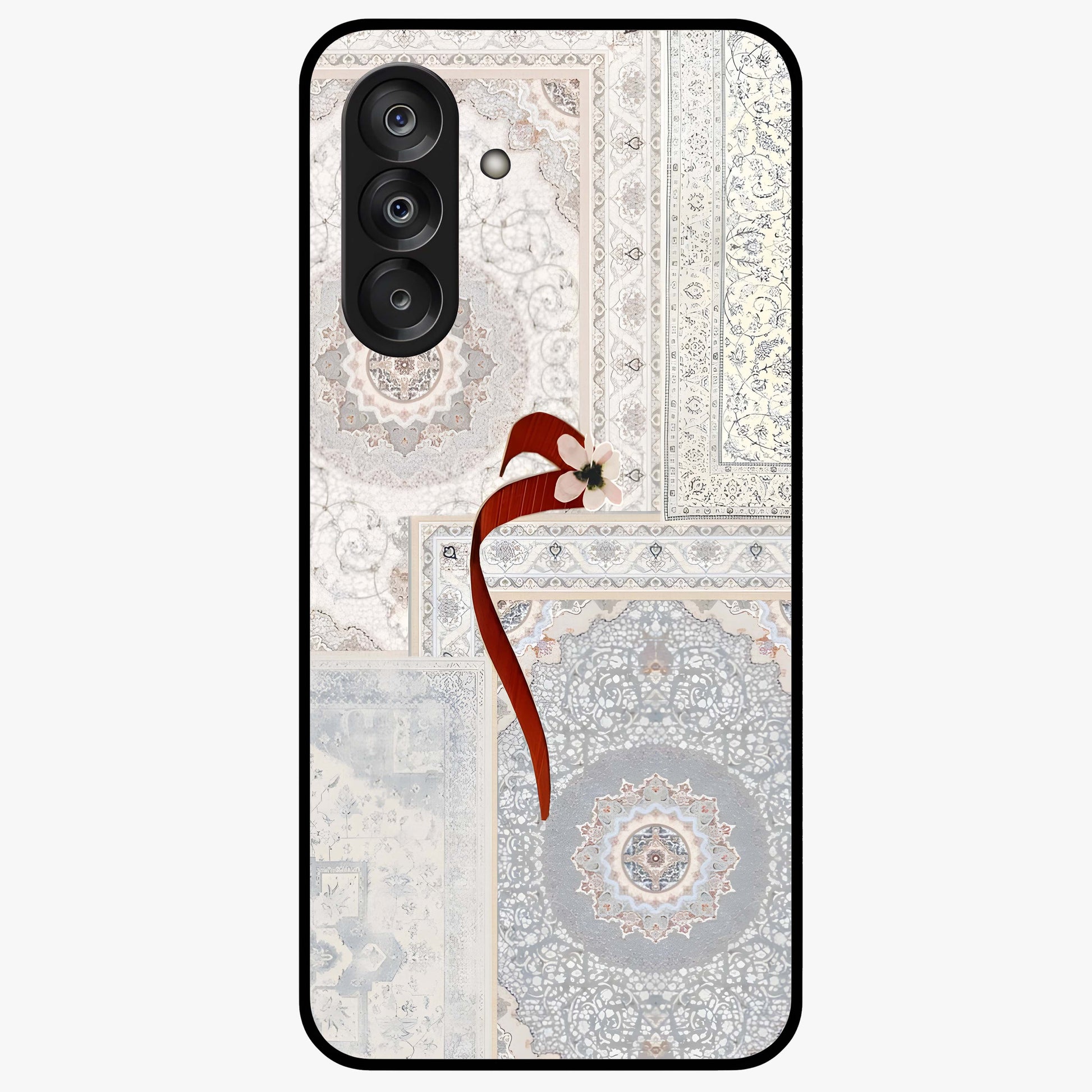 White Aesthetic Bow Glass Case showing flat back view with minimal bow artwork and glossy glass finish.