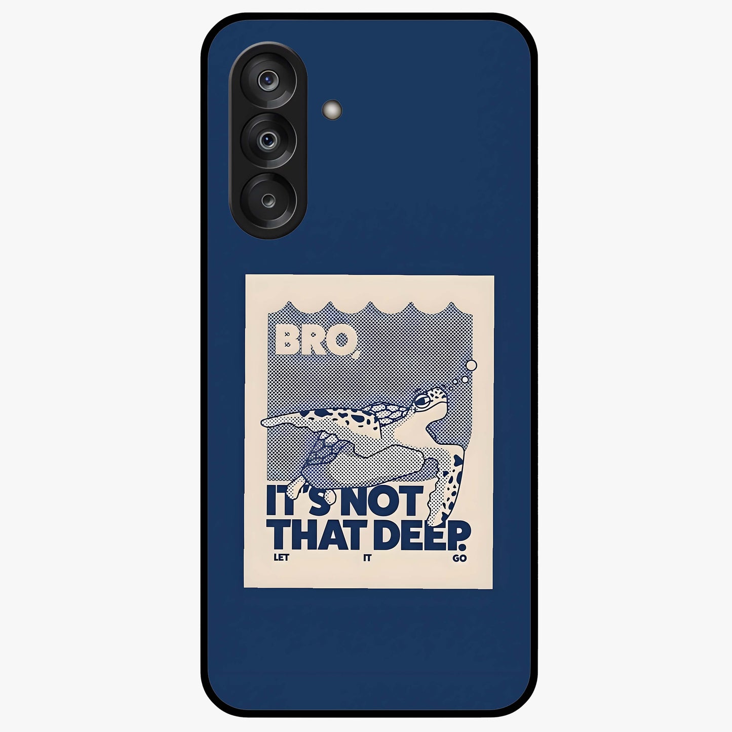 Worry Less Swim Glass Case showing flat back view with playful motivational artwork and glossy glass finish.