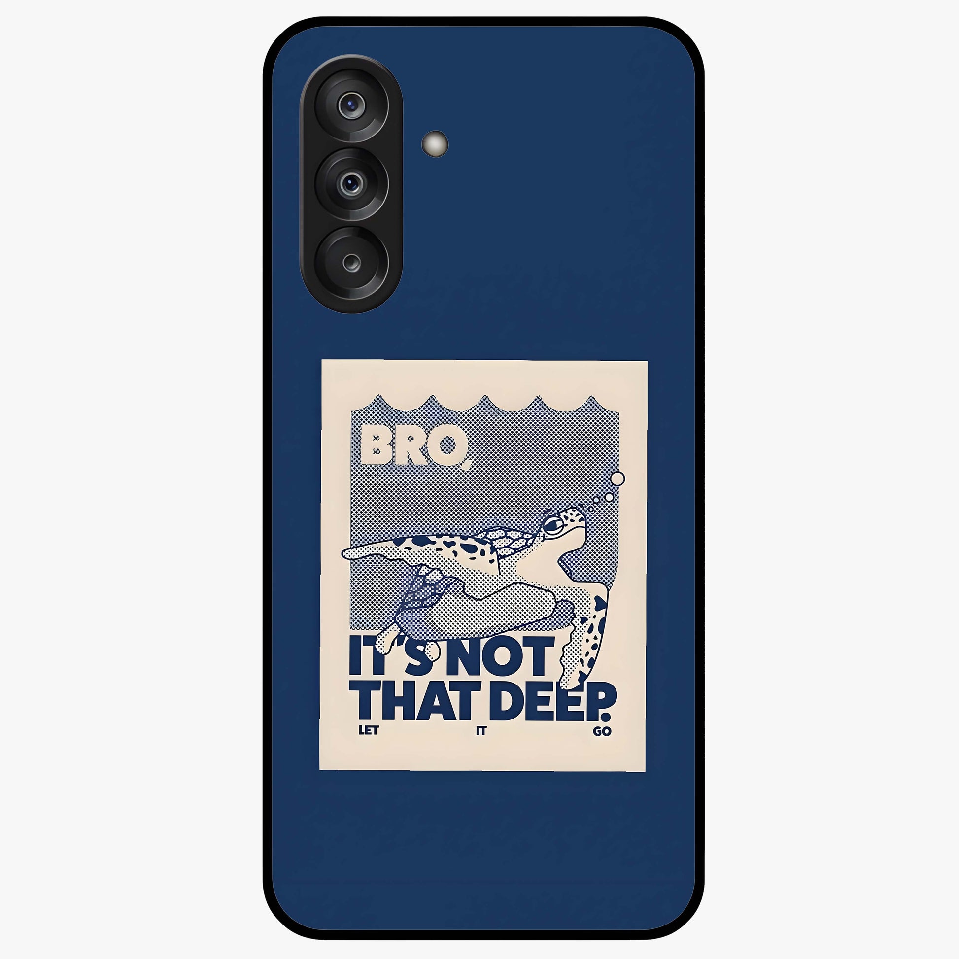 Worry Less Swim Glass Case showing flat back view with playful motivational artwork and glossy glass finish.