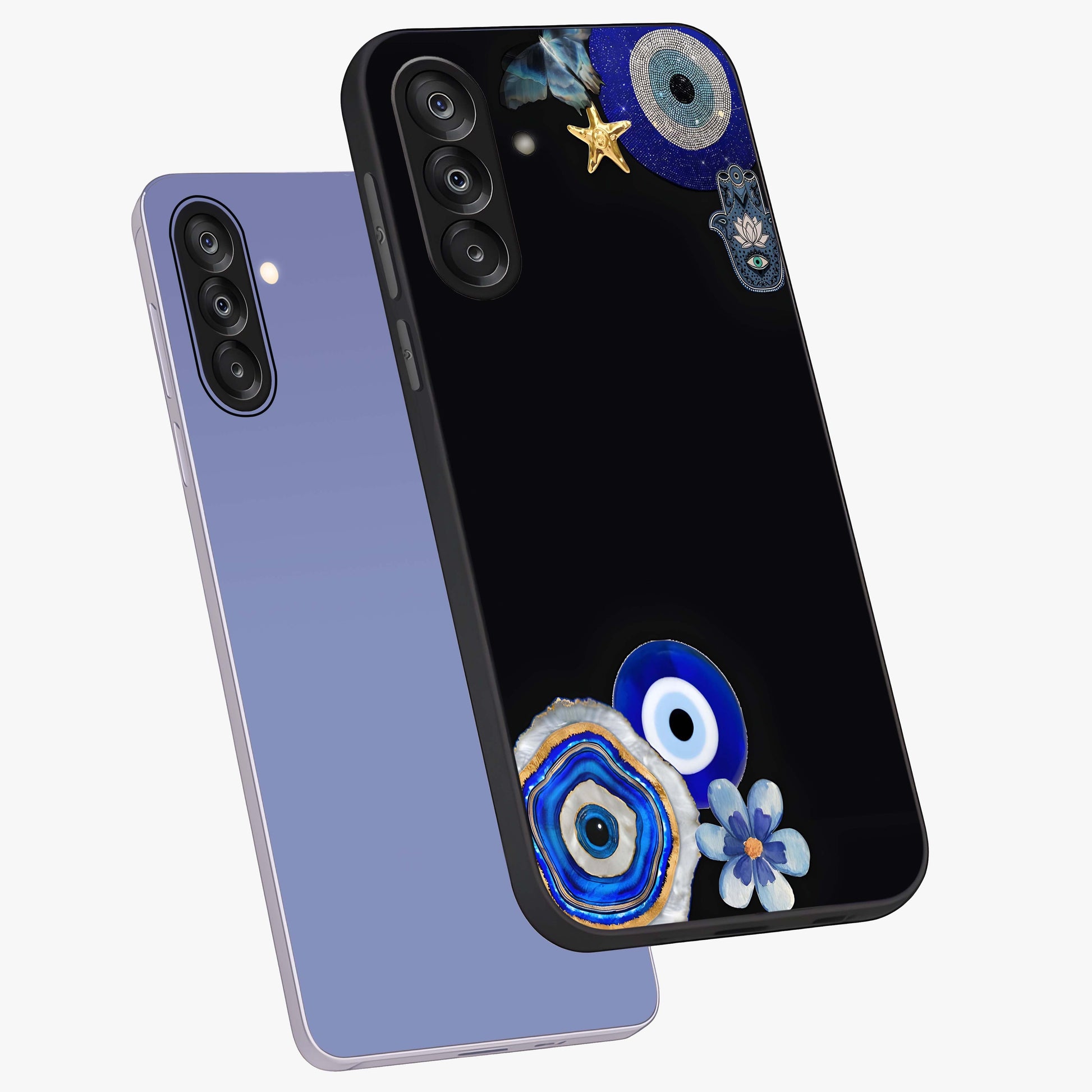 Aesthetic Blue Evil Eye Glass Case displayed in angled mockup highlighting blue evil eye symbol and spiritual aesthetic design.