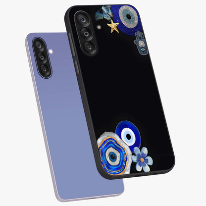 Aesthetic Blue Evil Eye Glass Case displayed in angled mockup highlighting blue evil eye symbol and spiritual aesthetic design.