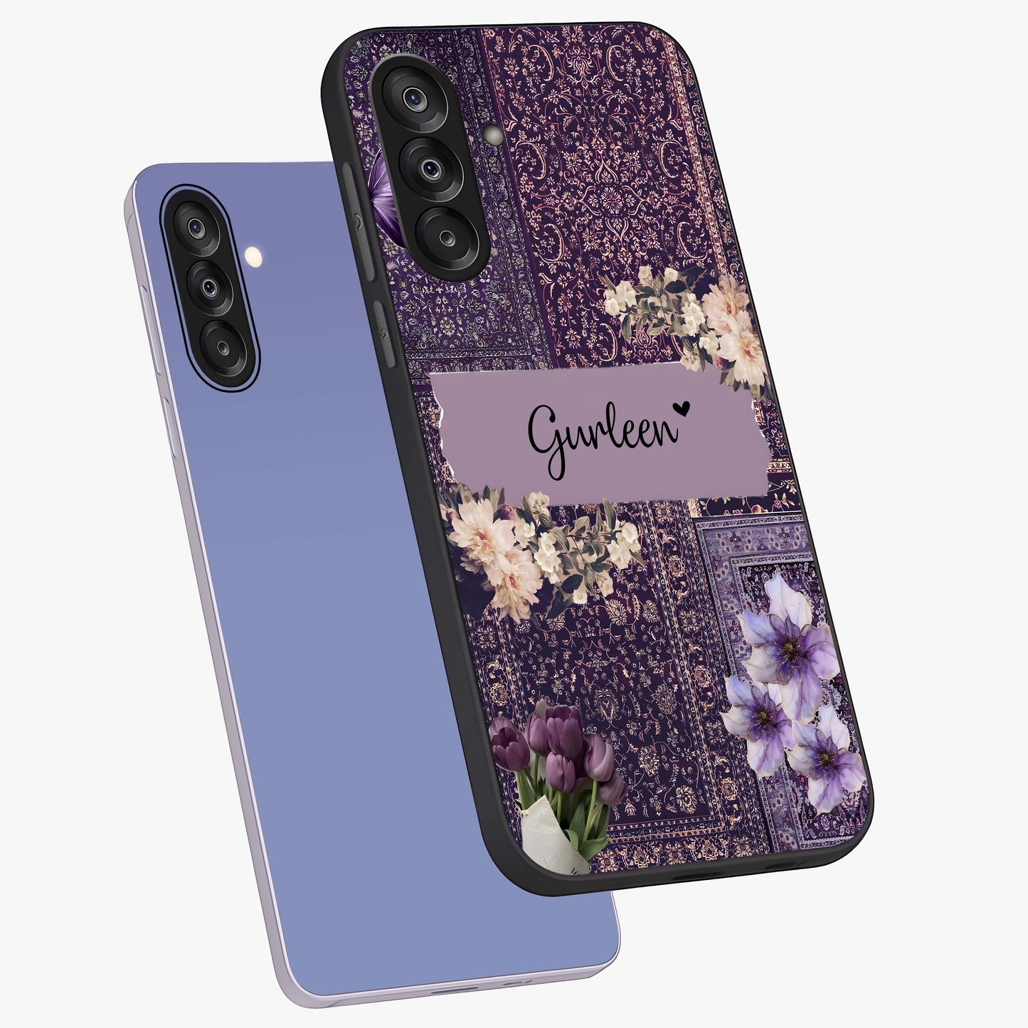 Antique Floral Whisper Custom Name Glass Case displayed in angled mockup highlighting elegant antique floral aesthetic.