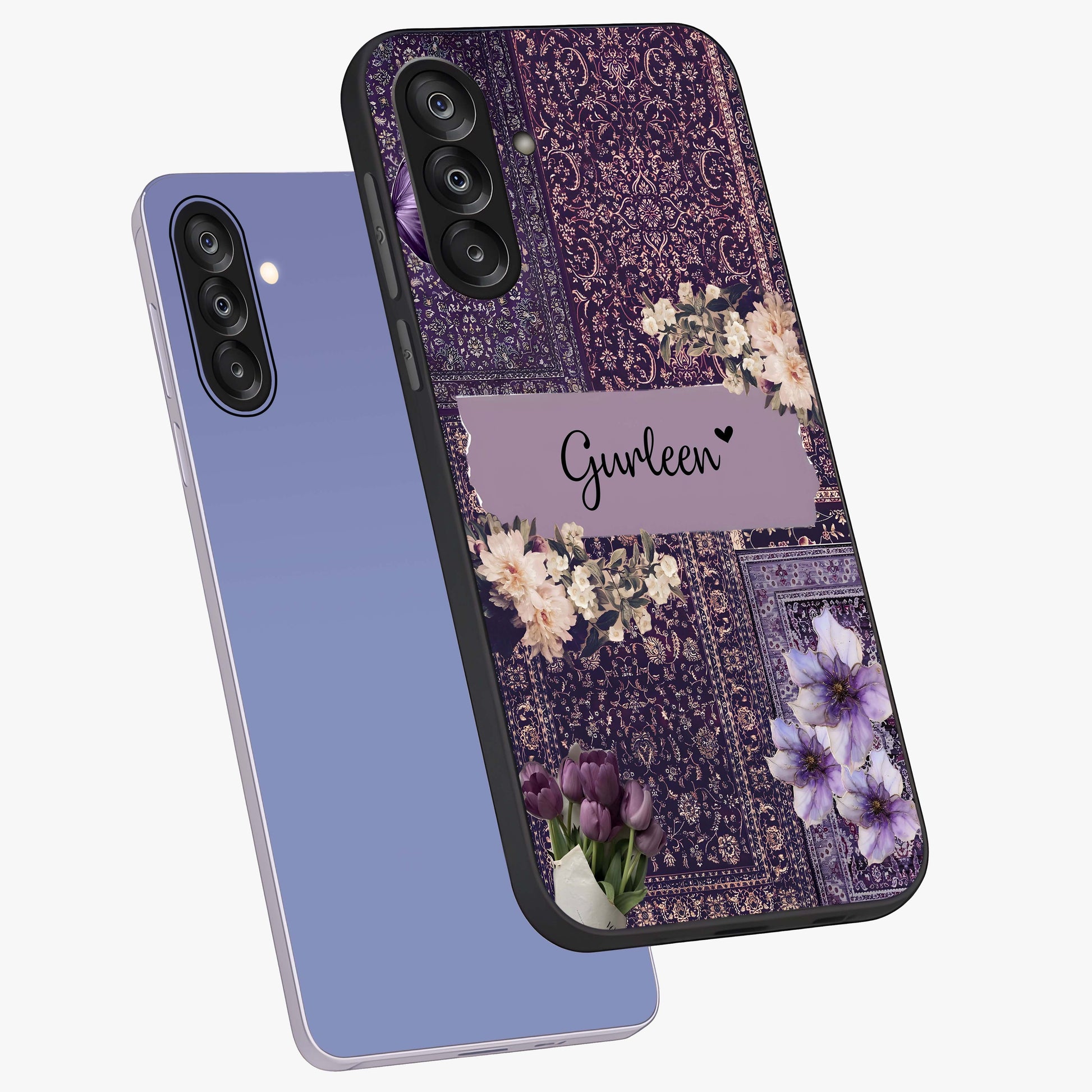 Antique Floral Whisper Custom Name Glass Case displayed in angled mockup highlighting elegant antique floral aesthetic.