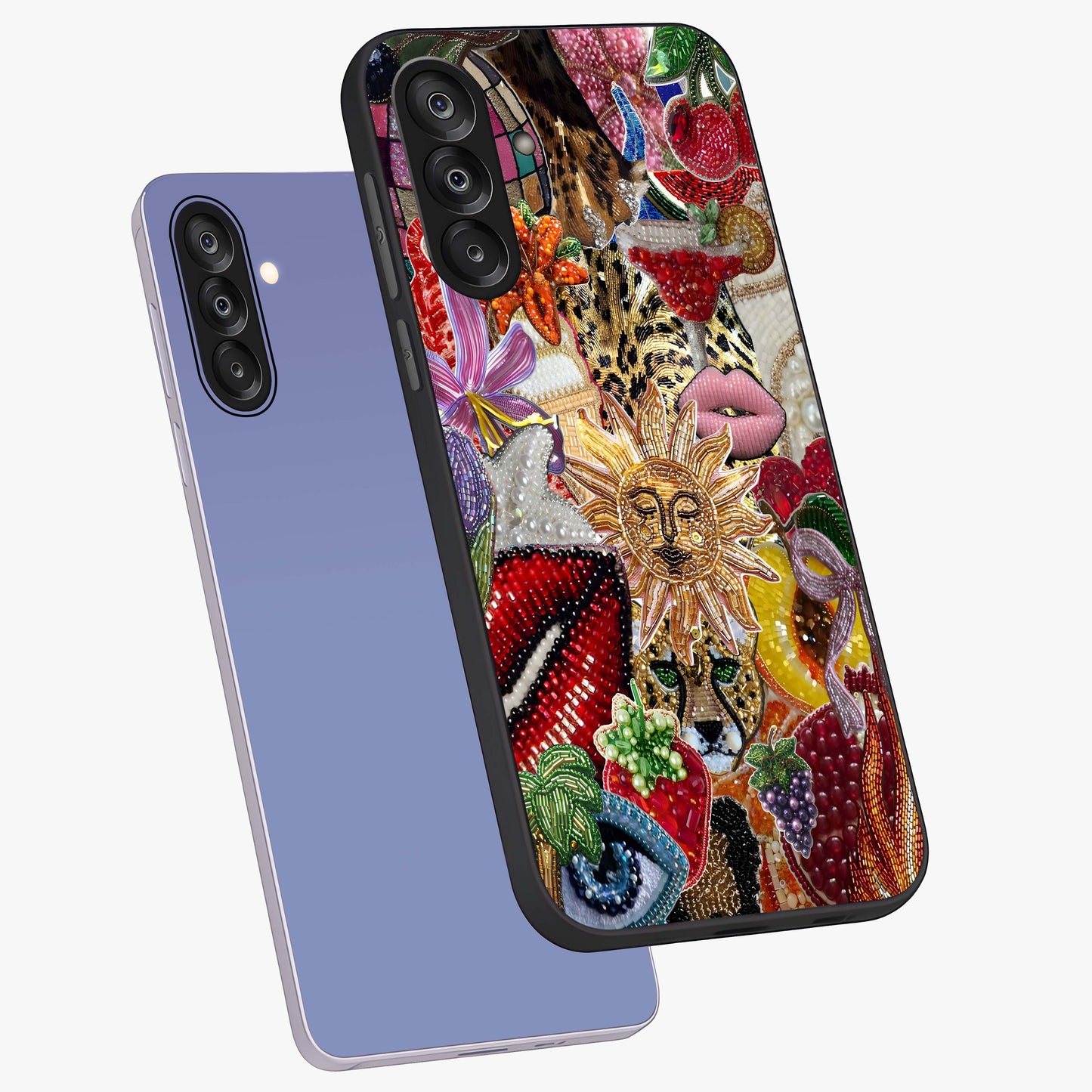 Beaded Fashion Jungle Glass Case displayed in angled mockup highlighting colorful fashion bead design and artistic pattern.