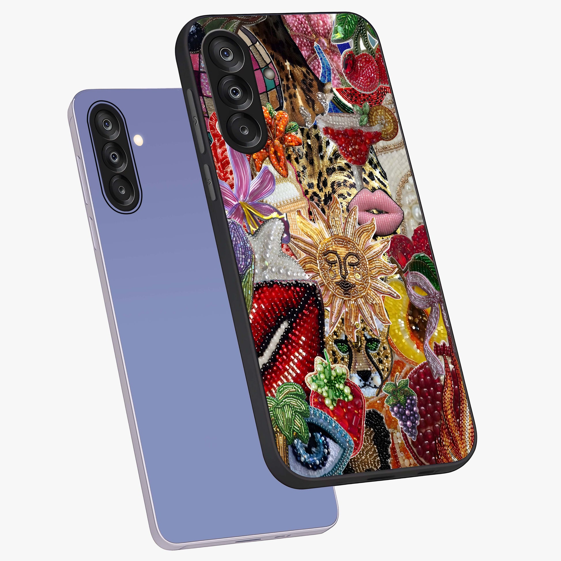 Beaded Fashion Jungle Glass Case displayed in angled mockup highlighting colorful fashion bead design and artistic pattern.