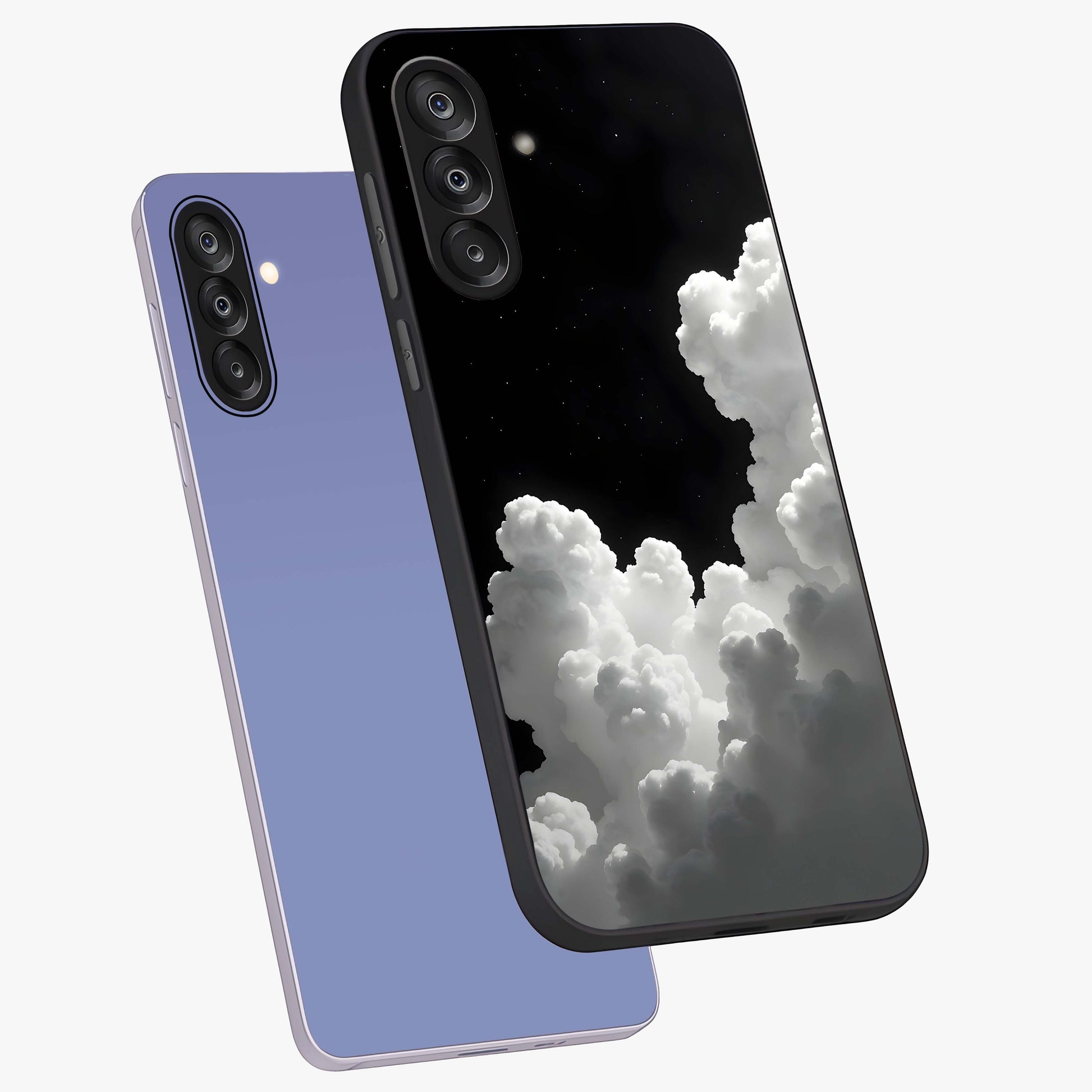 Black Background With White Cloud Glass Case displayed in angled mockup highlighting soft white cloud illustration and minimal design.