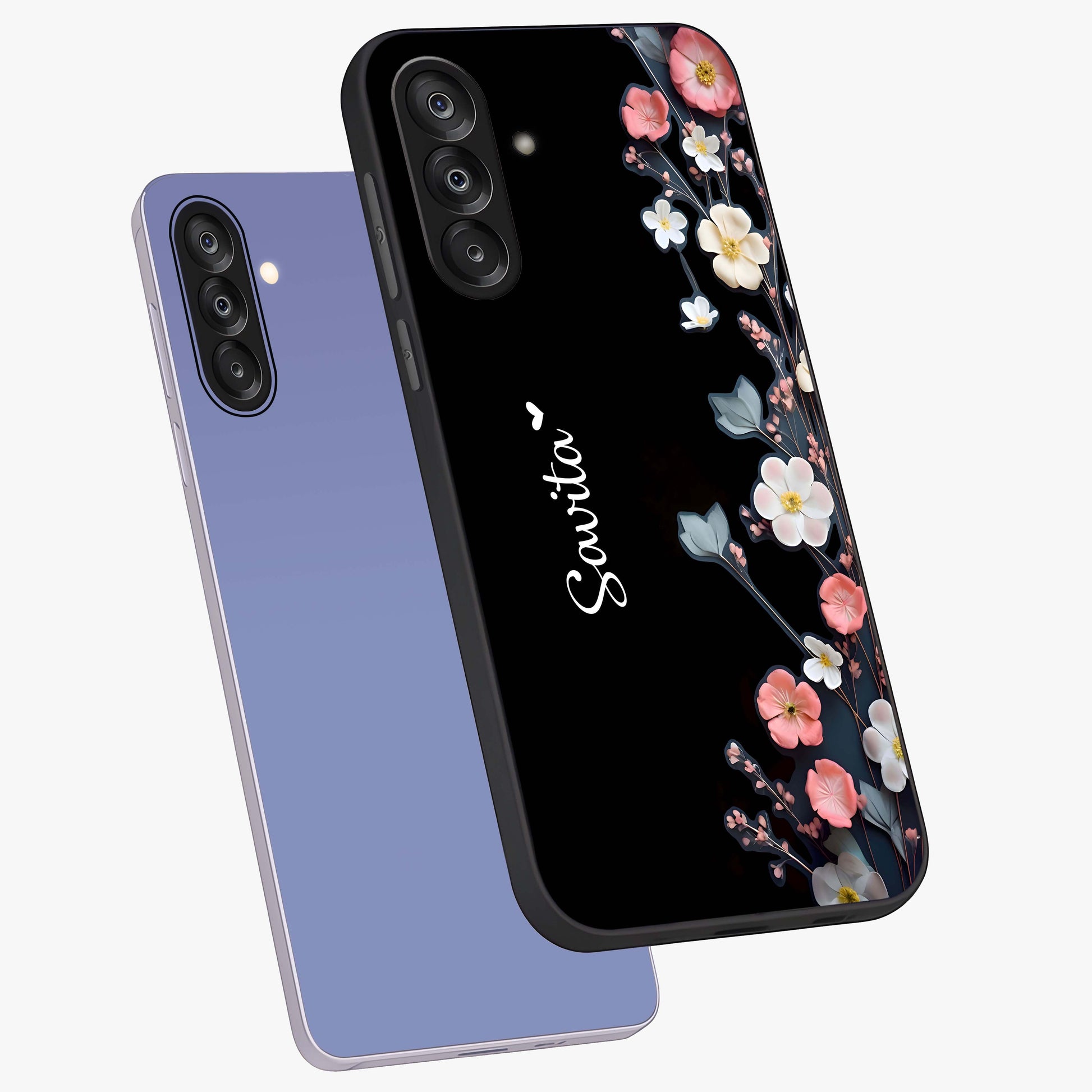 Black Elegance Floral Custom Name Glass Case displayed in angled mockup highlighting dark floral aesthetic and custom name feature.