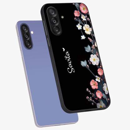 Black Elegance Floral Custom Name Glass Case displayed in angled mockup highlighting dark floral aesthetic and custom name feature.