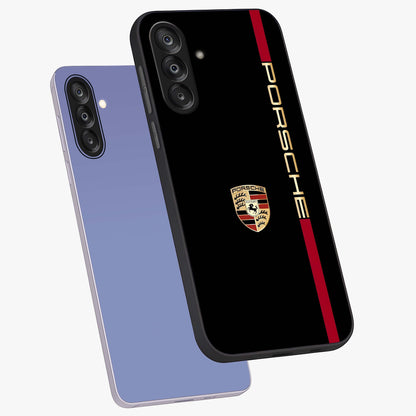 Black Minimal Porsche Glass Case displayed in angled mockup highlighting modern minimal car illustration and clean aesthetic design.