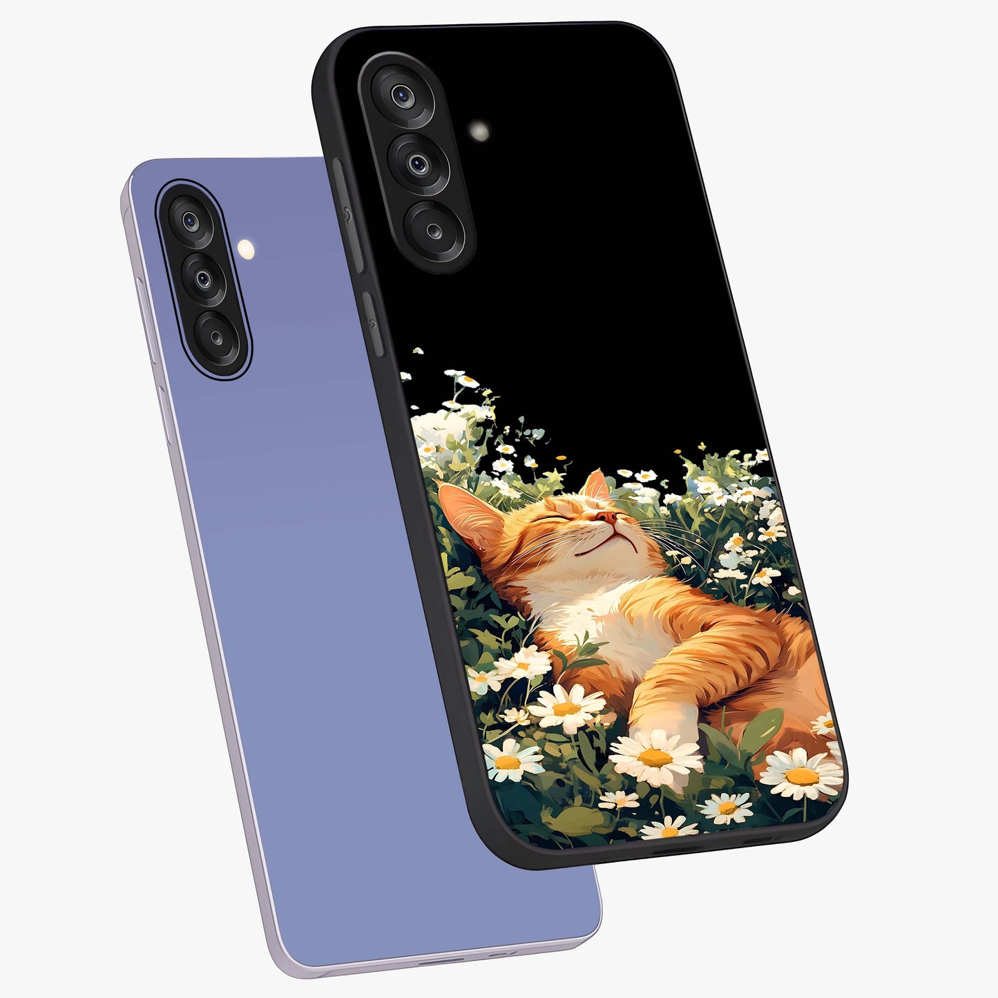 Blissful Bloom Cat Glass Case displayed in angled mockup highlighting playful feline illustration with soft floral aesthetic.