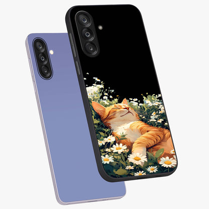 Blissful Bloom Cat Glass Case displayed in angled mockup highlighting playful feline illustration with soft floral aesthetic.