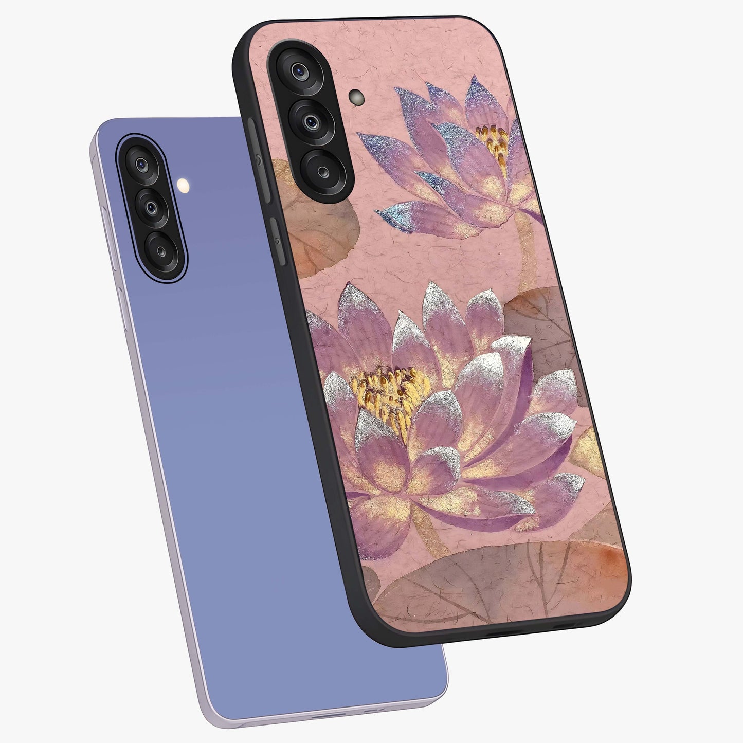 Blossom Mist Lotus Glass Case displayed in angled mockup highlighting delicate lotus illustration with calm aesthetic theme.